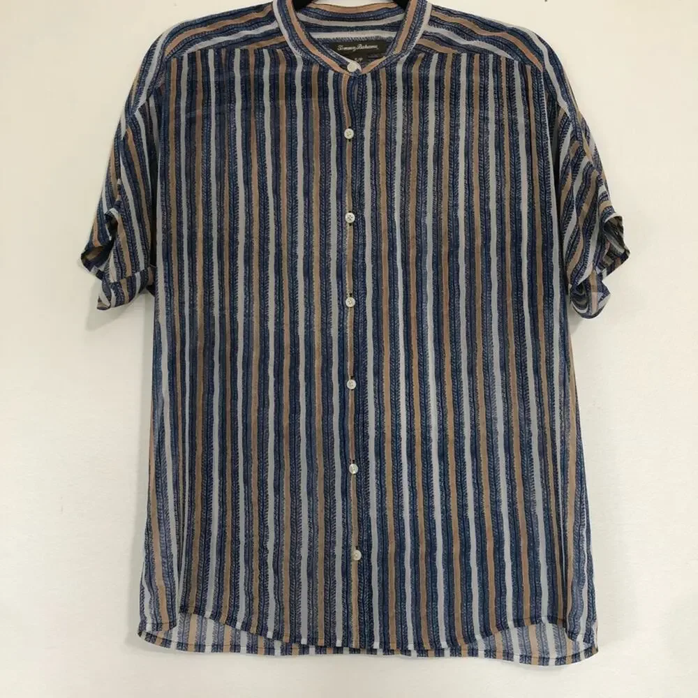 Tommy Bahama Striped Sheer Button Up Blue Tan S/P